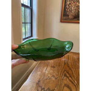 Vintage Green Glass Leaf Dish 10" - Decorative Serving Bowl Retro Home Decor